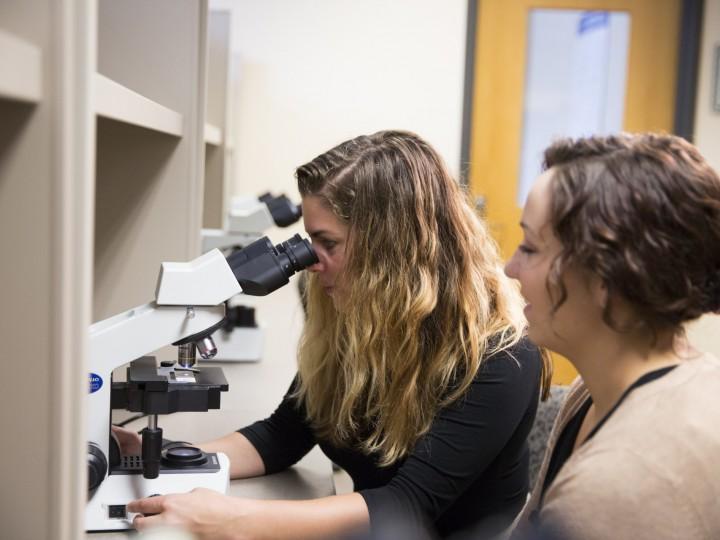 A close up of instructor using microscope with student